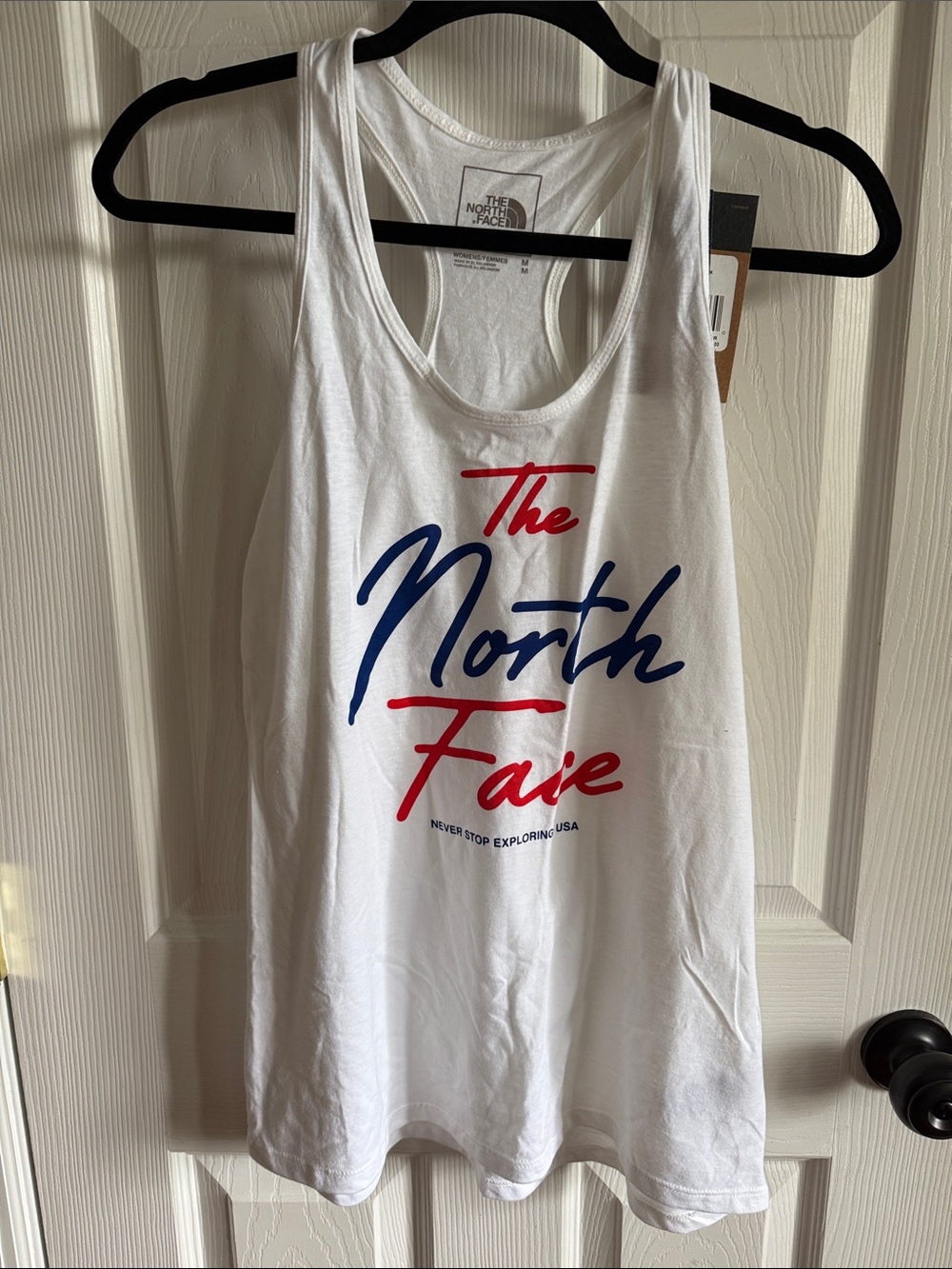 The North Face White Tank with Red & Blue Script